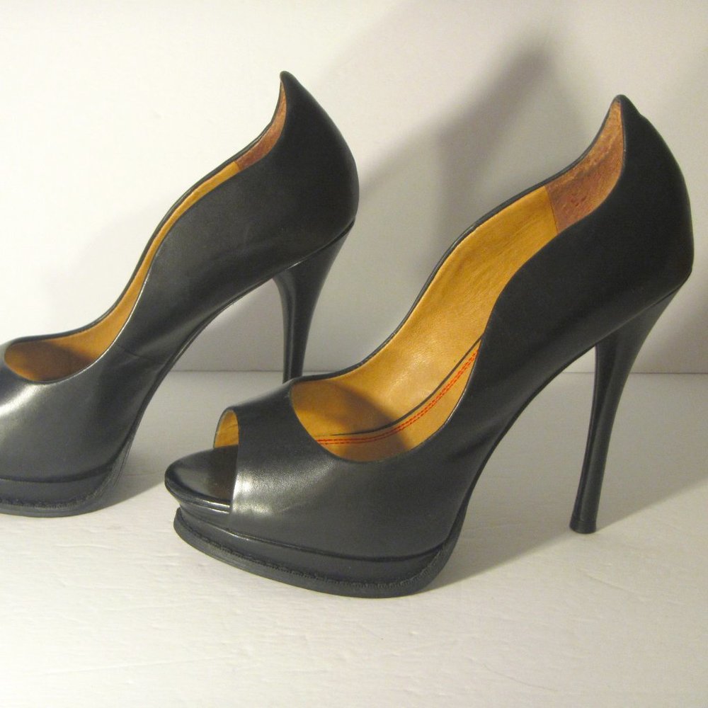 5|48 Saks Of Fifth PL-Margot Black Leather Peeptoe Open Toe Pumps Size 9/39 - Picture 2 of 12